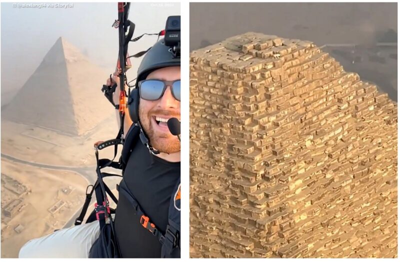 Cachorro é visto latindo para pássaros no topo da Grande Pirâmide de Gizé